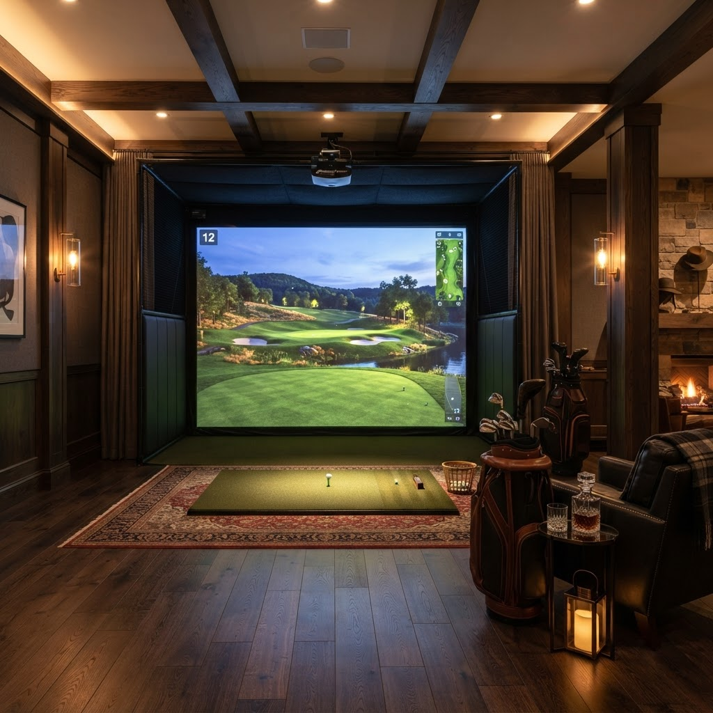 Home golf simulator room with a glowing projection screen