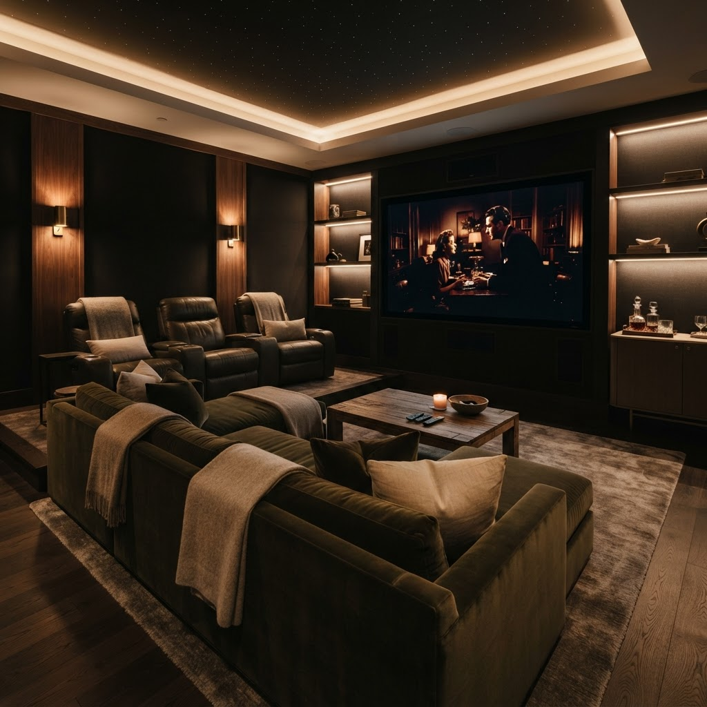 Cozy home movie room with a glowing screen and deep sofas