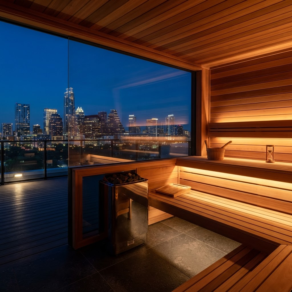 Wood-lined rooftop sauna at night with the Austin skyline visible through the window